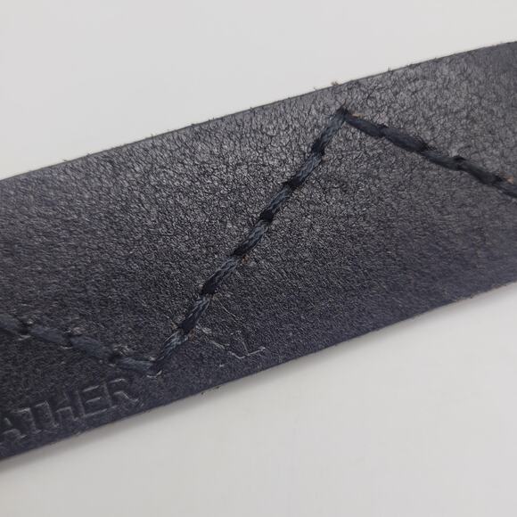 Black Leather Belt XL Oval Buckle Zig Zag Stitch Rustic Utility Utilitarian Boho